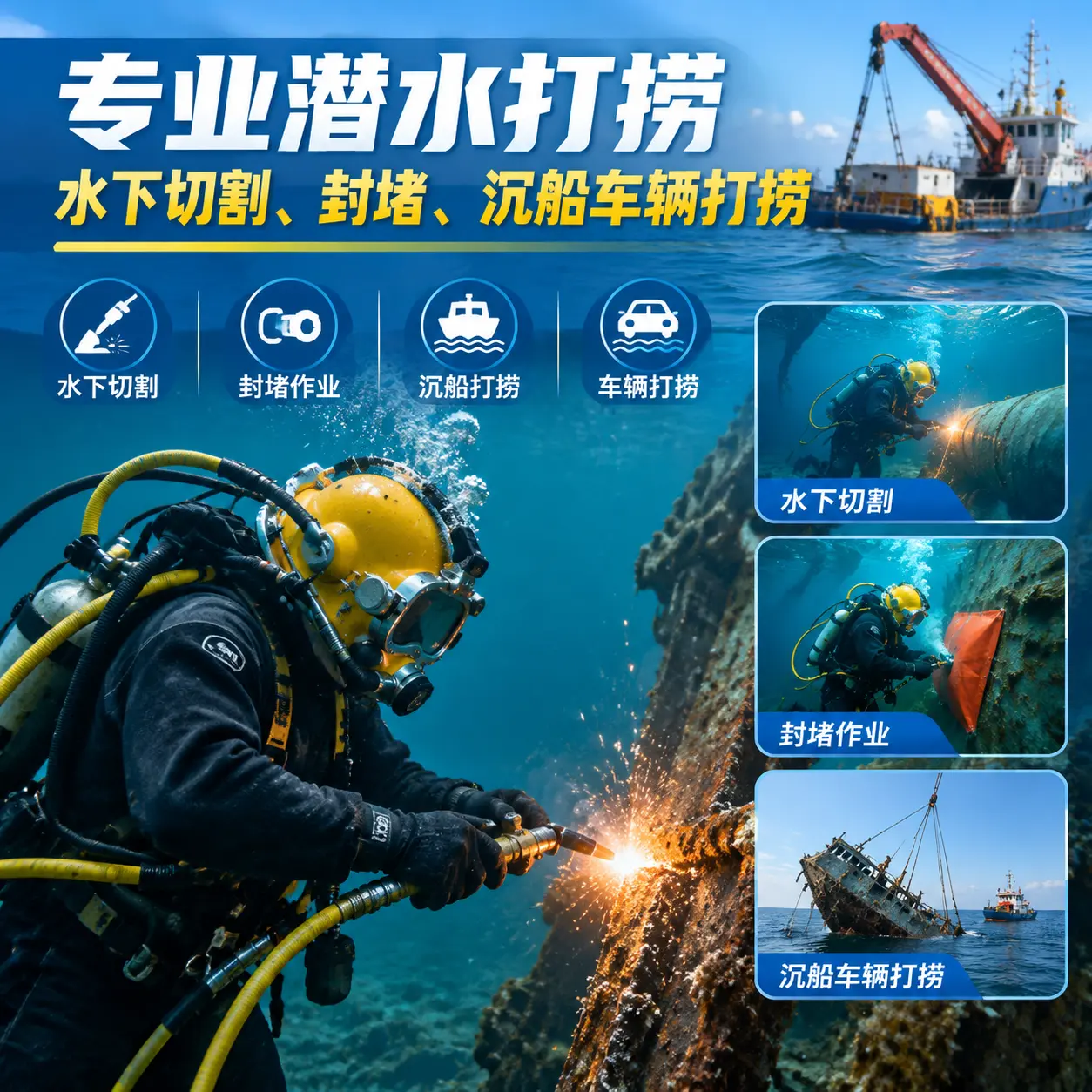 专业潜水打捞｜水下切割、封堵、沉船车辆打捞琼海